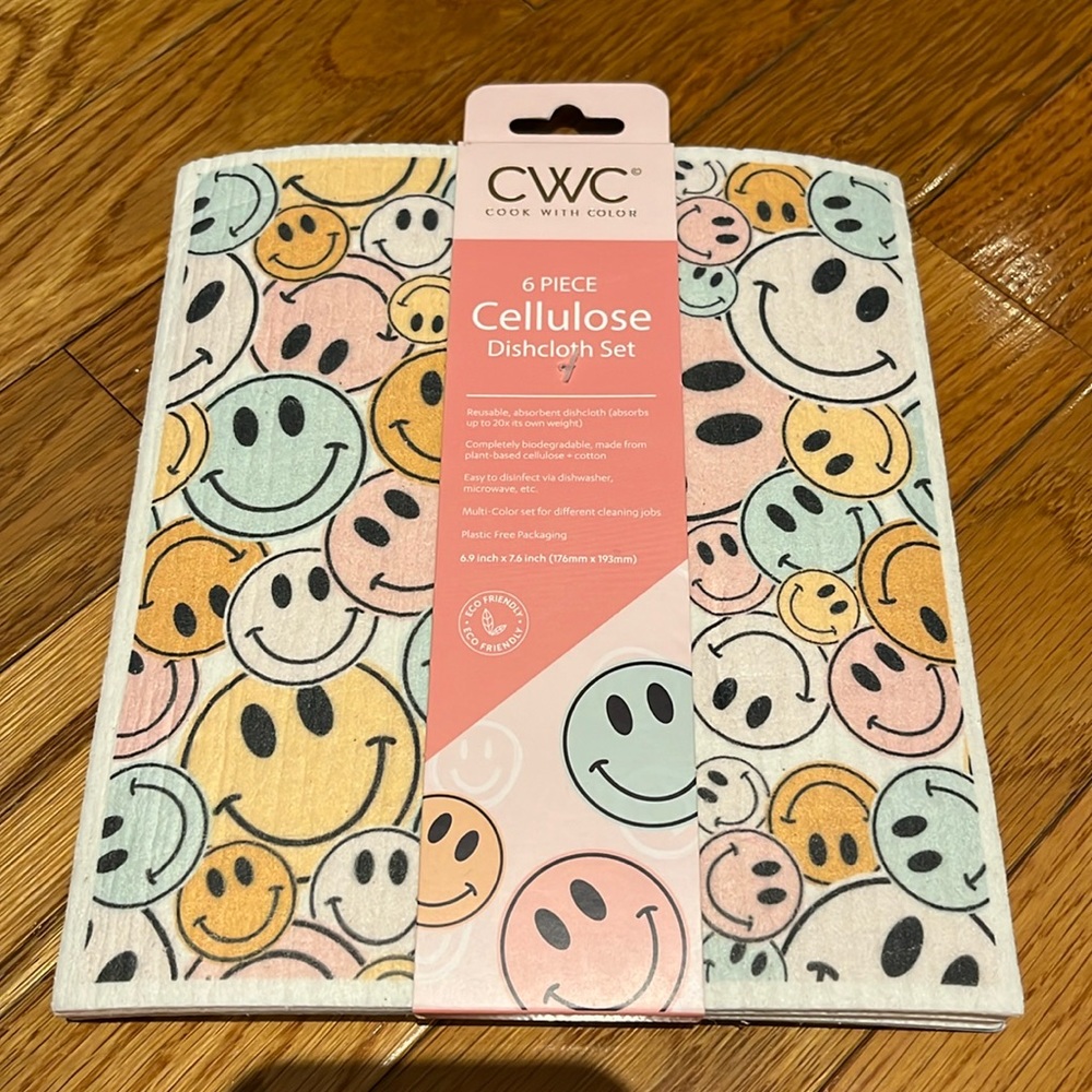 NWT Smiley Face Cellulose Dishcloth Set (6pcs.) Swedish Dishcloth Sponge Cloth
